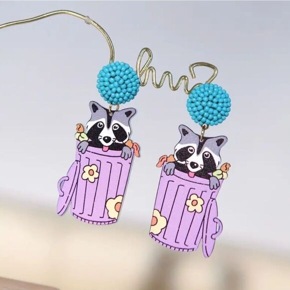 14k RACCOON IN TRASH CAN cute whimsical novelty fun dangle earrings - Picture 1 of 6